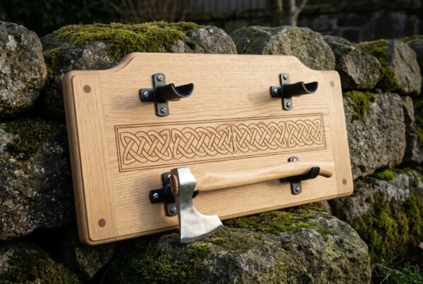 Viking axe wall plaque in carved oak with a Celtic knotwork band and leather lined steel cradles holding a hand forged bearded axe, propped on a mossy stone wall