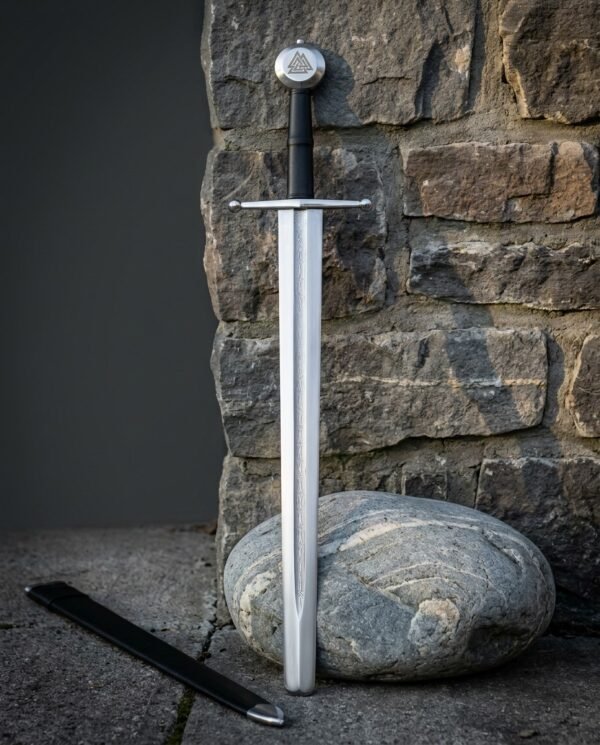Valkwarden Hand Forged Viking Arming Sword | 37 Inch Overall Length | Valknut Disc Pommel and Rune Cut Fuller with Black Leather Scabbard | Norse Collector Gift | RK-1678