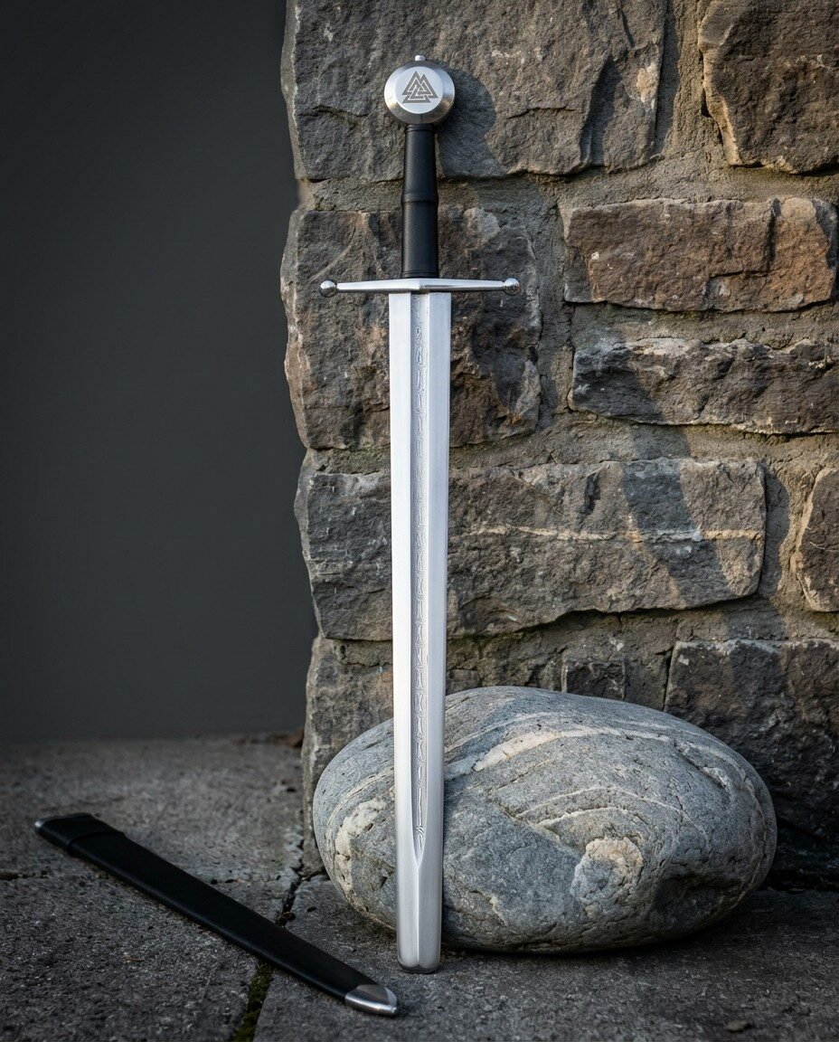 Gemini_Generated_Image_3cszxn3cszxn3csz Viking arming sword with a rune column cut down the satin blade and a Valknut engraved disc pommel, standing against a stone wall beside a black leather scabbard