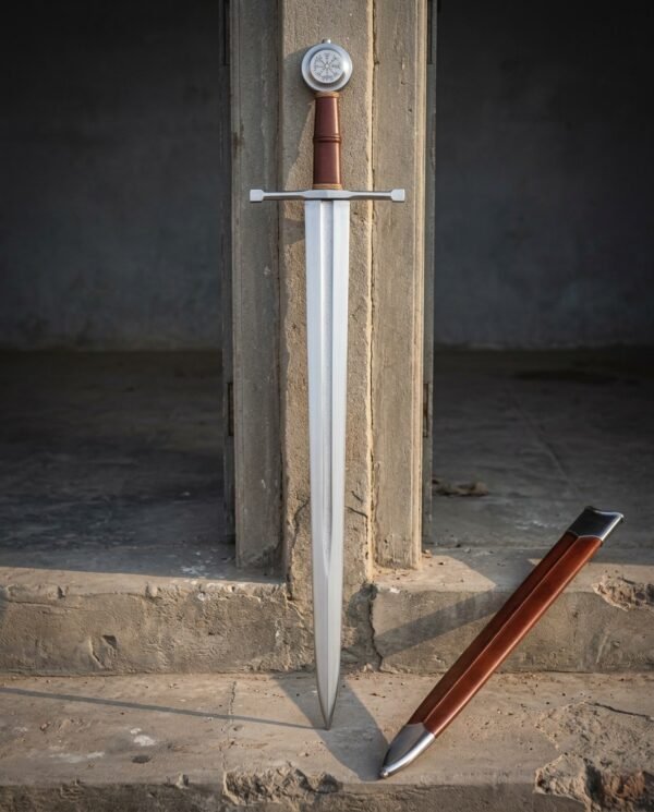 Pathstave Hand Forged Norse Sword | 35 Inch Overall Length | Vegvisir Disc Pommel and Tan Leather Grip with Russet Leather Scabbard | Viking Collector Gift | RK-1679