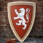 Lionward Hand Made Wooden Heater Shield | 30 Inch Tall | Painted Rampant Lion, Knotwork Border and Leather Arm Strap | Medieval Reenactment Gift | RK-1452