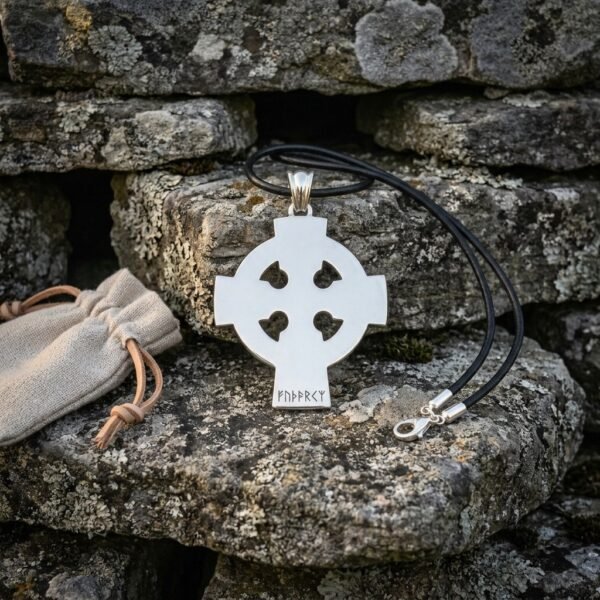 Hand made celtic cross pendant with a pierced ring, brushed steel tone face and stamped Elder Futhark runes hanging from a black leather cord on a lichen covered dry stone wall