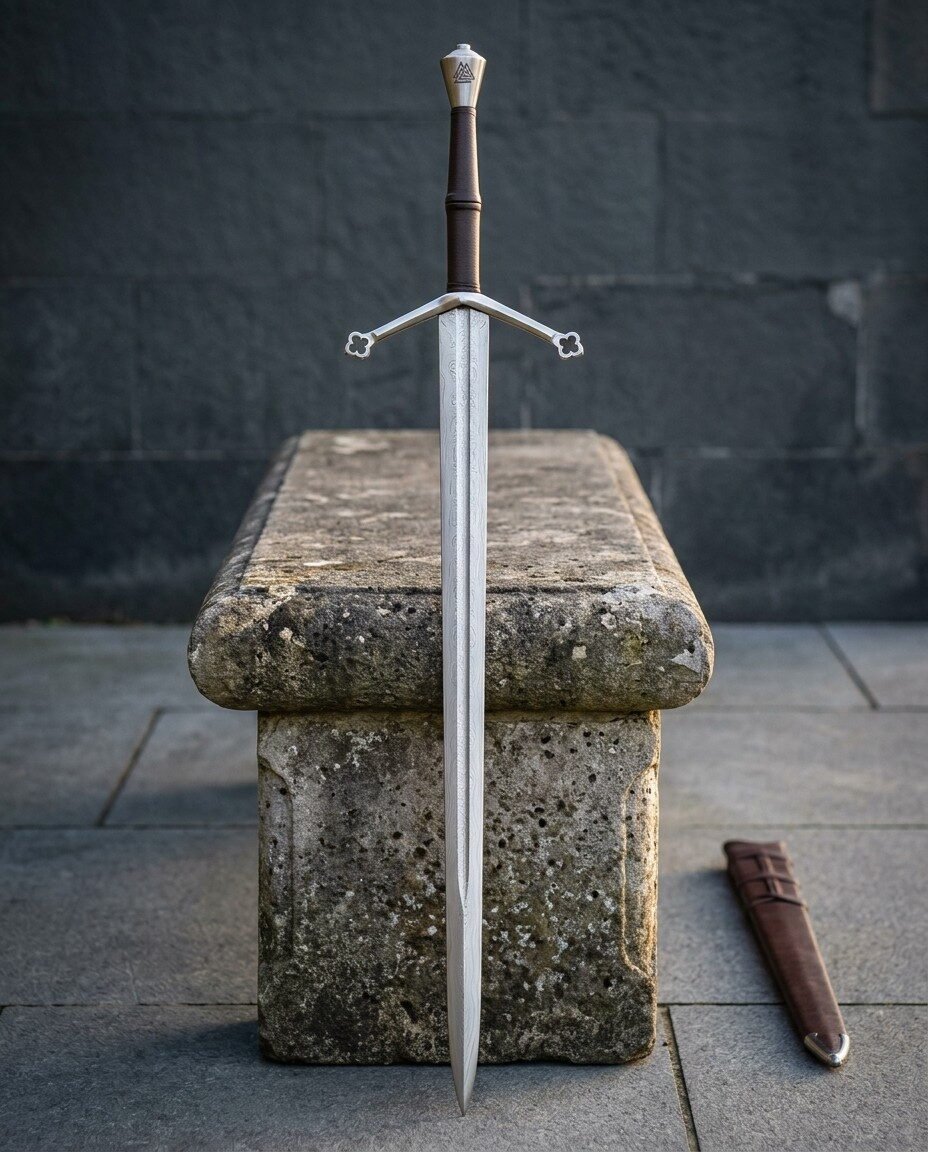 Gemini_Generated_Image_5kdk575kdk575kdk Hand forged damascus longsword with a leather wrapped grip and quatrefoil cross guard standing point down beside a cross laced leather scabbard on grey stone