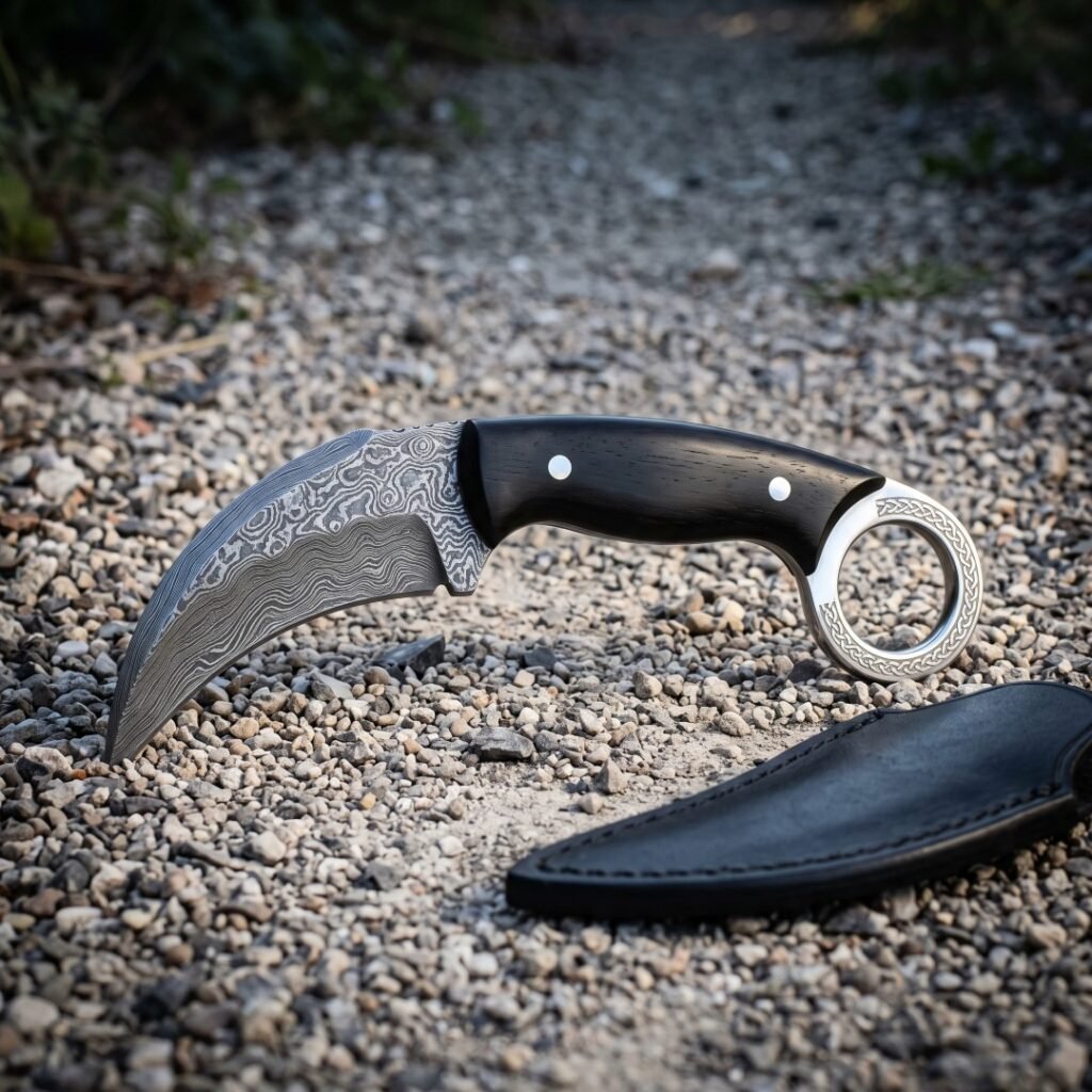 Hand forged damascus karambit knife with a hooked 1095 and 15N20 blade, ebony scales and an engraved steel finger ring, lying on pale gravel beside a black leather sheath