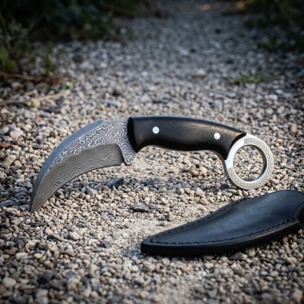 Hand forged damascus karambit knife with a hooked 1095 and 15N20 blade, ebony scales and an engraved steel finger ring, lying on pale gravel beside a black leather sheath