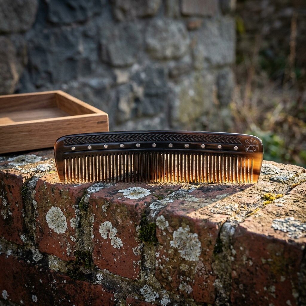 Gemini_Generated_Image_5ydbt95ydbt95ydb Viking beard comb cut from amber and dark natural ox horn with a Vegvisir stave and dotted spine, resting on a lichened brick wall beside its wooden box