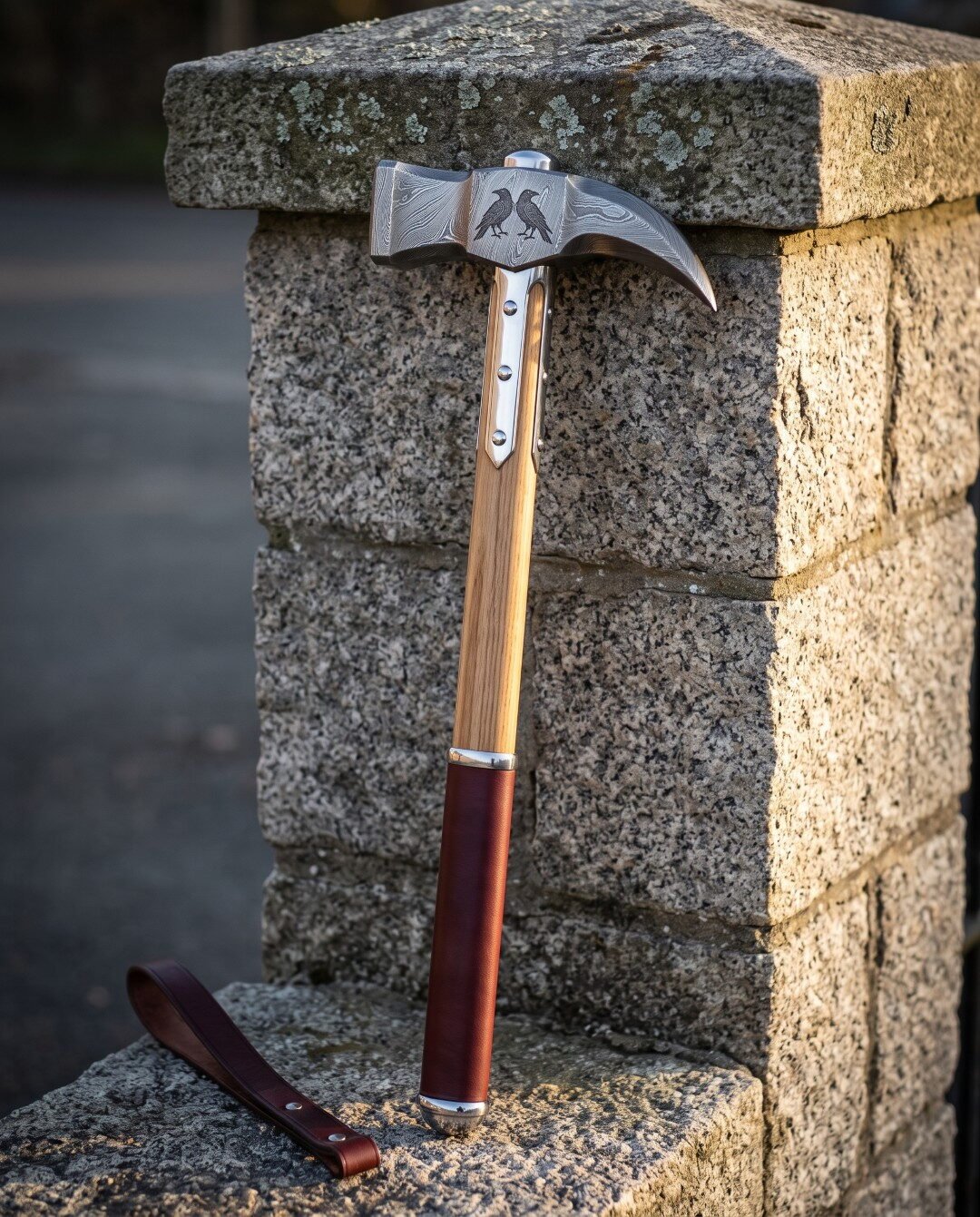 Gemini_Generated_Image_64kcfk64kcfk64kc Hand forged war hammer with a Damascus steel head, etched ravens and a curved fluke, ash haft with steel langets and an oxblood leather grip, against a granite pillar.
