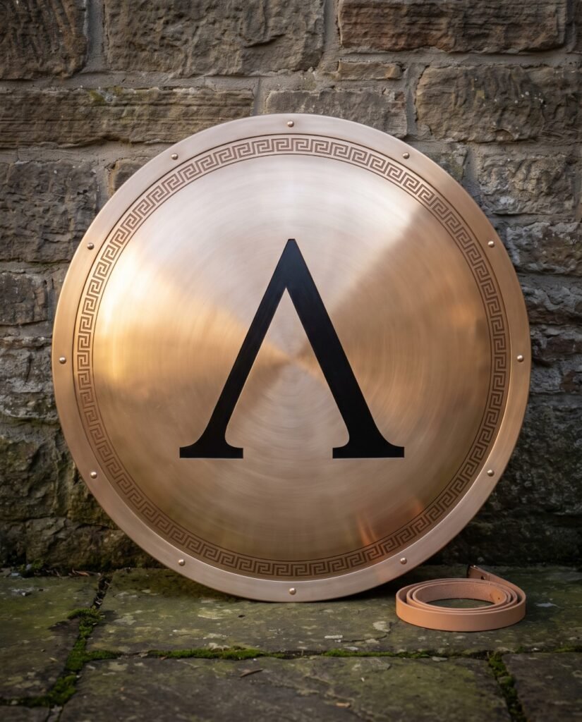 Bronze faced Greek hoplon shield with a black Spartan lambda and an engraved meander border, leaning against an old stone wall in daylight