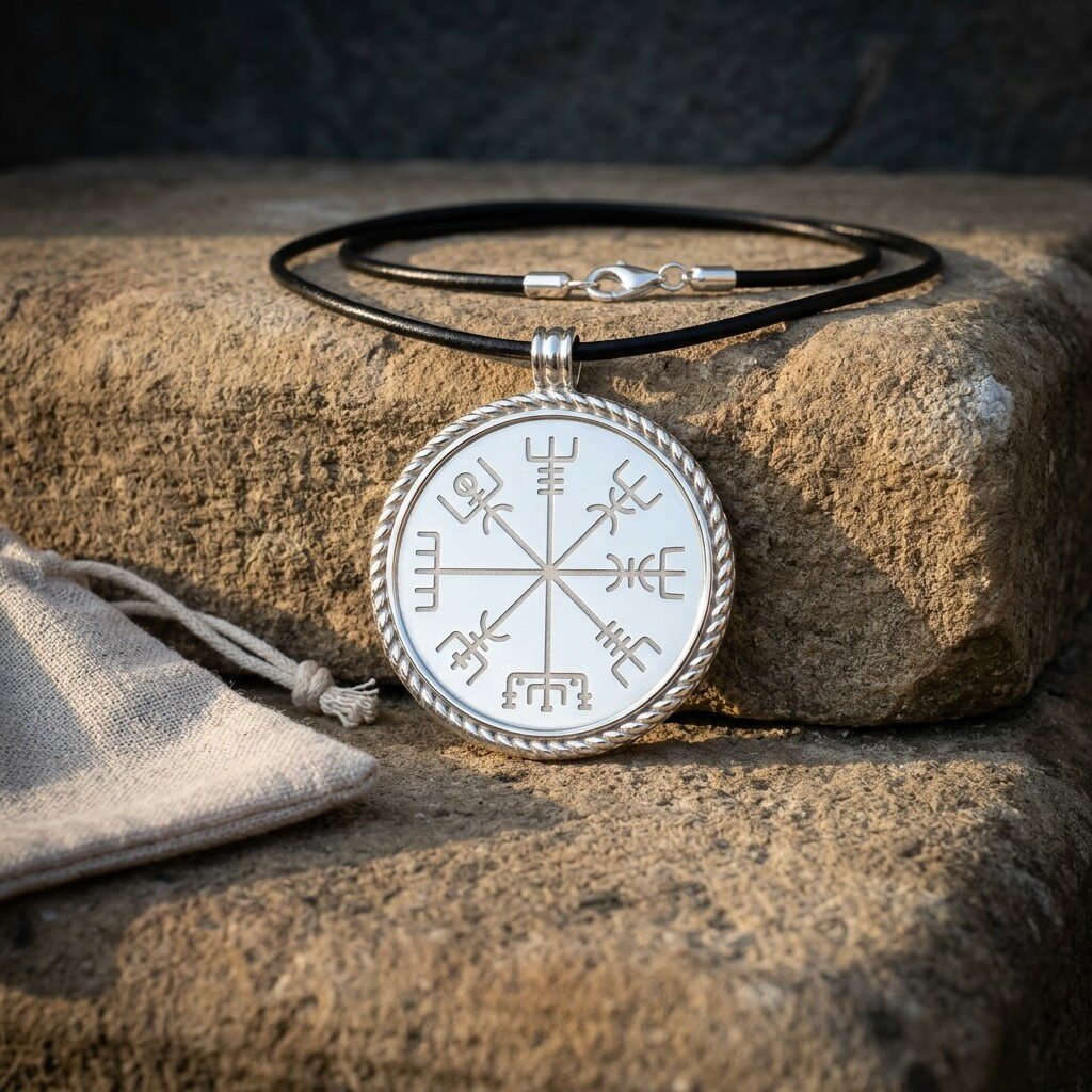 Gemini_Generated_Image_6pubay6pubay6pub Silver tone Vegvisir pendant with a twisted rope bezel and engraved runic compass hanging from a black leather cord on a sunlit sandstone block beside a cotton pouch