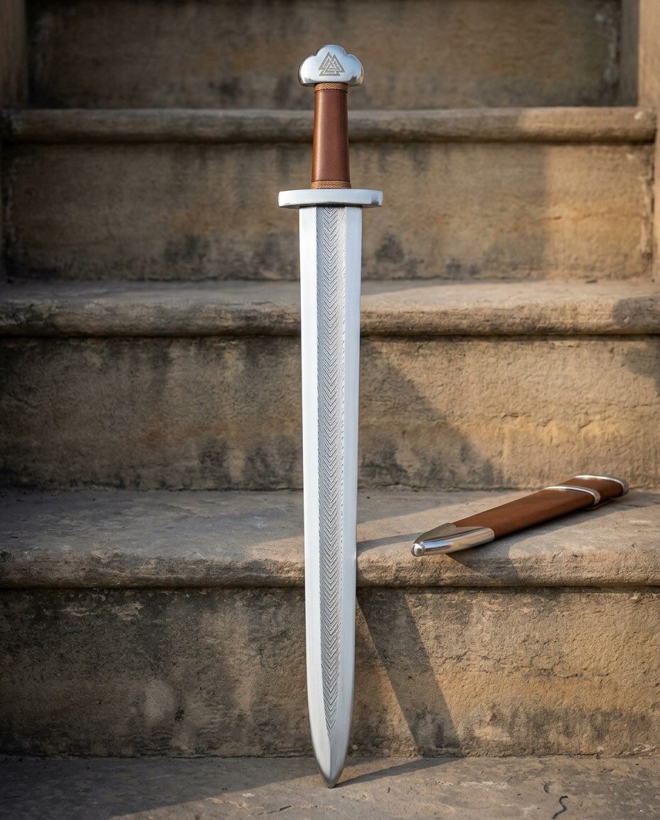 Gemini_Generated_Image_71zha871zha871zh Hand forged viking sword with a pattern welded herringbone fuller and trilobate Valknut pommel, standing on sunlit stone steps beside a brown leather scabbard