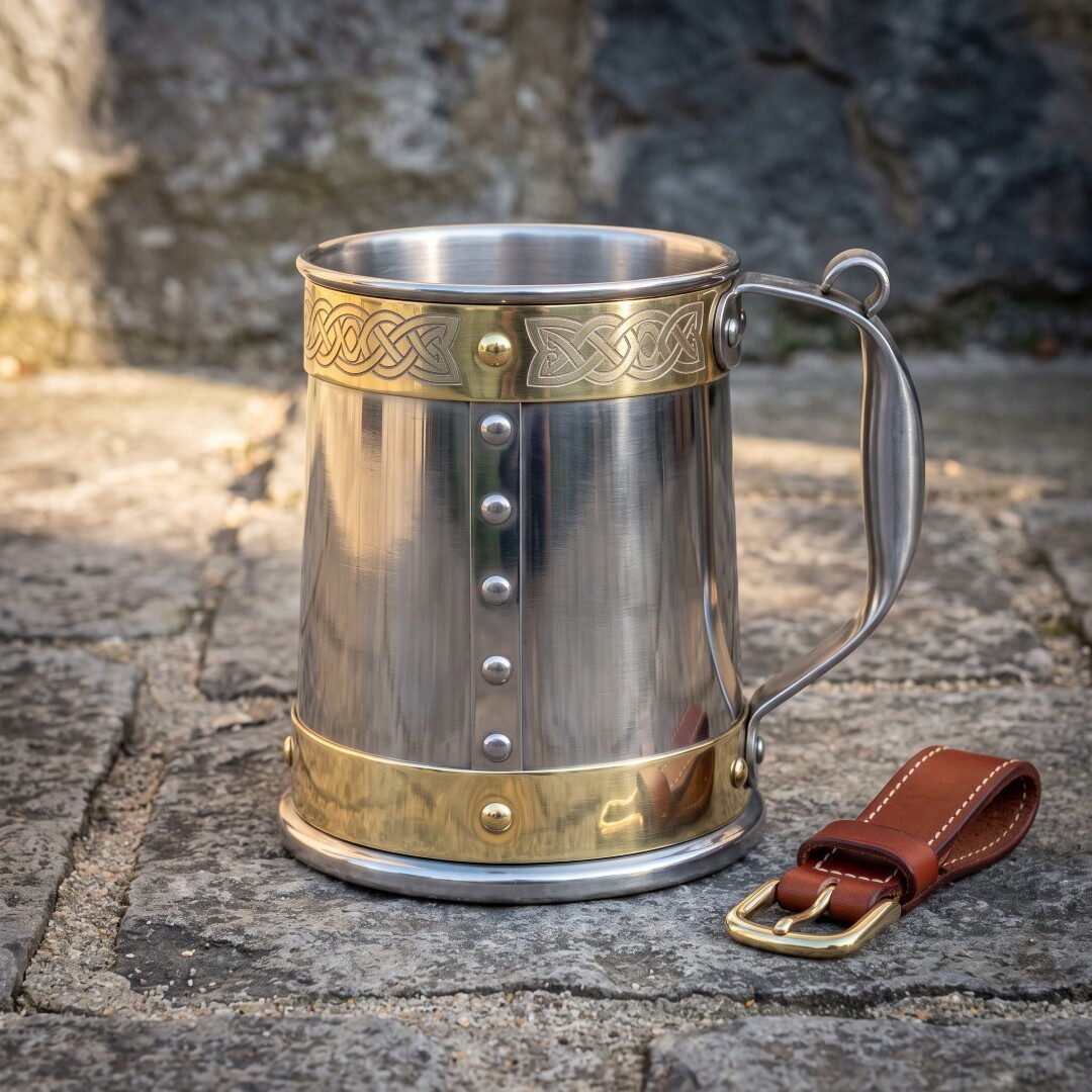 Gemini_Generated_Image_748lh2748lh2748l Hand made viking tankard in polished stainless steel and brass with engraved Celtic knotwork bands and domed rivets standing on a cobbled stone floor beside a brown leather belt hanger