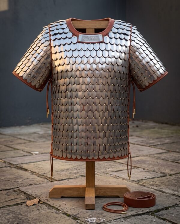 Hand made steel scale armor shirt with brass riveted scales and russet leather binding displayed on a wooden armour stand against a grey stone courtyard