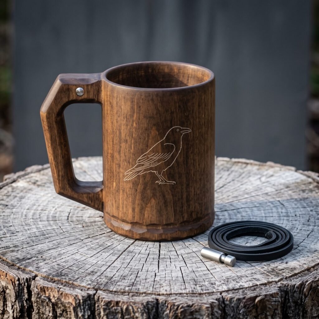 Viking wooden mug turned from hardwood in a walnut tone with an engraved raven panel and squared riveted handle standing on a weathered tree stump beside a black leather cord