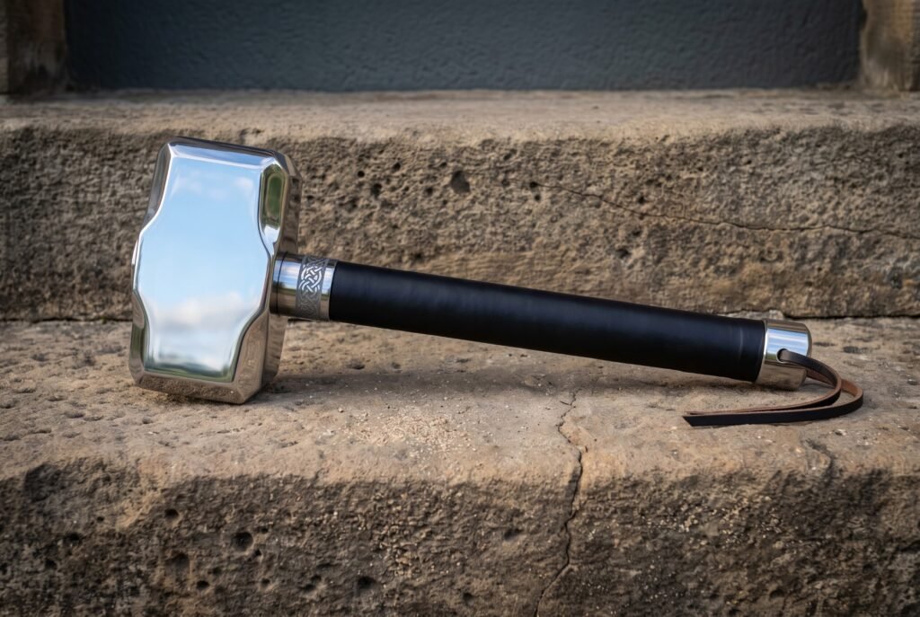 Polished blacksmith hammer with a Mjolnir shaped steel head, knotwork collar and black wrapped grip lying on a weathered stone step