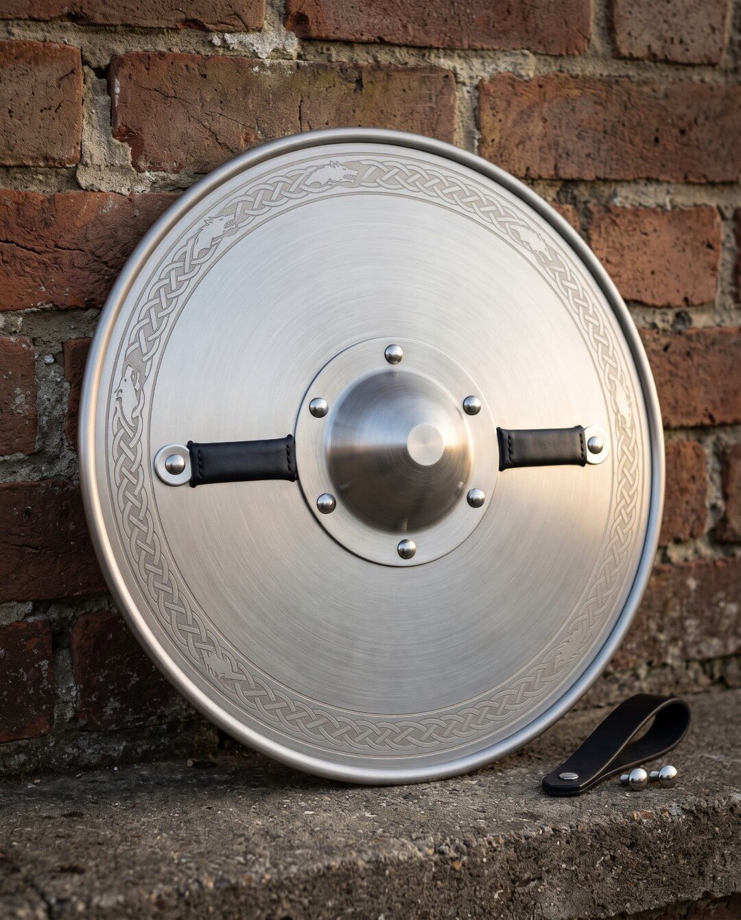 Gemini_Generated_Image_7kjclv7kjclv7kjc Hand forged steel round shield with a dished polished face, etched knotwork border, riveted dome boss and black leather grip, resting against a brick wall.