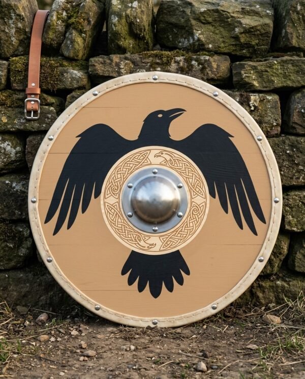 Hand made viking round shield with a painted black raven, engraved knotwork roundel, steel dome boss and rawhide rim, leaning on a dry stone wall