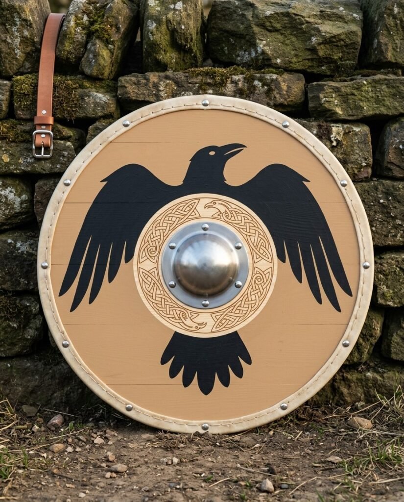 Hand made viking round shield with a painted black raven, engraved knotwork roundel, steel dome boss and rawhide rim, leaning on a dry stone wall