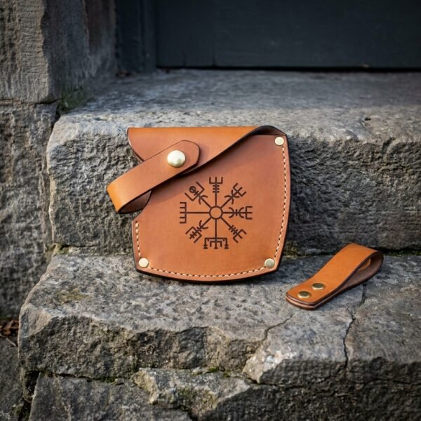 Edgekeep Hand Made Leather Axe Sheath with Belt Loop | Vegetable Tanned Hide | Vegvisir Stamp and Solid Brass Snap Fittings | Viking Axe Gift | RK-1682
