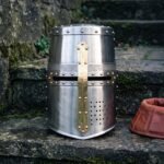 Grimward Hand Forged Steel Great Helm | 16 Gauge Riveted Crusader Helmet | Brass Cross Reinforce and Knotwork Engraved Band | Display Gift | RK-1523