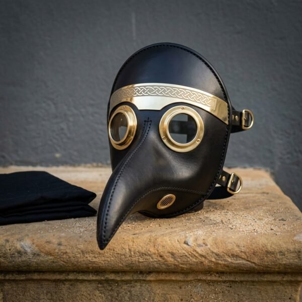 Ravenbeak Hand Made Leather Plague Doctor Mask with Brass Rimmed Lenses & Knotwork Brow Band | Halloween Costume Gift | RK-1524