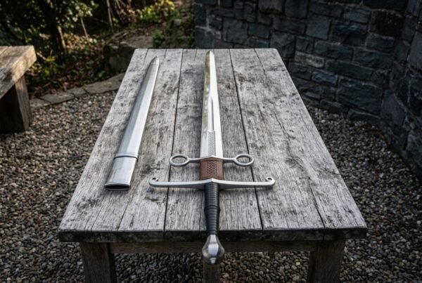 Hand and a half sword with a ring terminal guard and knotwork wrapped ricasso lying on a weathered oak table beside its polished steel tube scabbard