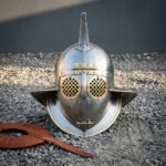 Arenaward Hand Forged Mild Steel Roman Gladiator Helmet | 18 Gauge Murmillo Pattern | Brass Grille Eye Discs and Wide Neck Guard | Arena Display Gift | RK-1499
