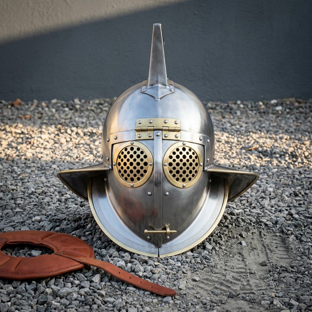 Hand forged roman helmet in the murmillo gladiator pattern, 18 gauge steel with brass rimmed perforated eye discs, crest fin and wide neck guard, on grey gravel