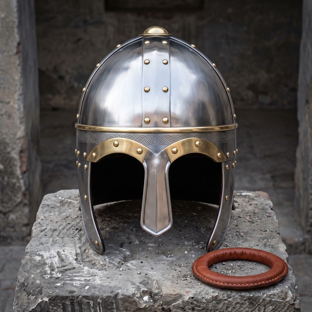 Gemini_Generated_Image_9x1pez9x1pez9x1p Viking spectacle helmet in polished steel with brass eye guards, engraved brow band and brass finial standing on a stone block beside a leather liner ring
