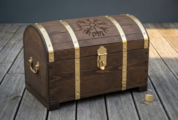 Wardhold Hand Made Viking Storage Chest | Domed Lid in Dark Stained Solid Wood | Brass Straps and Studs with Helm of Awe Engraving | Norse Home Gift | RK-1781
