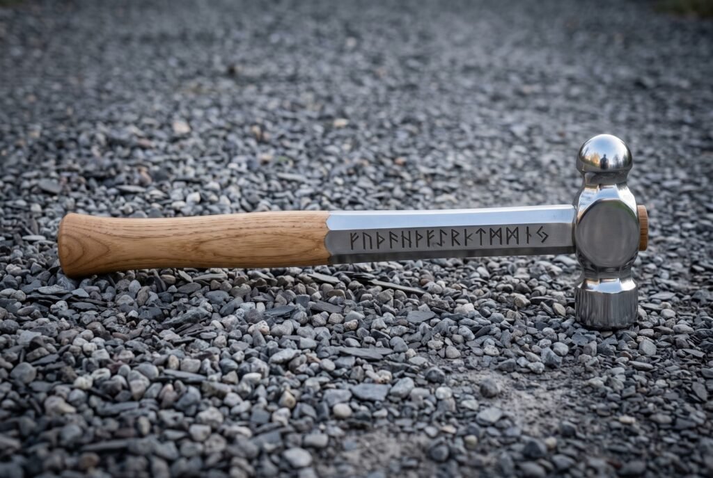 Hand forged 1095 steel blacksmith hammer with mirror polished ball pein head, Elder Futhark runes on the shank and an ash grip resting on grey gravel