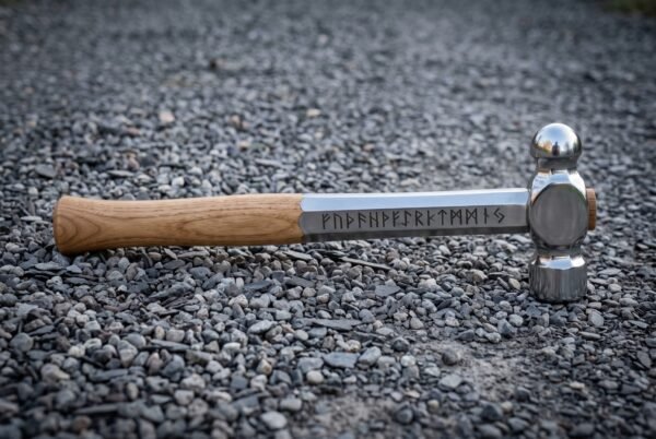 Runepein Hand Forged 1095 Steel Ball Pein Blacksmith Hammer with Elder Futhark Rune Shank & Ash Grip | Forge and Anvil Gift | RK-1533
