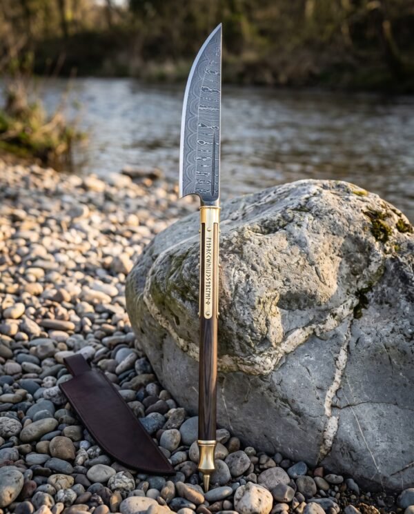 Riverclaw Hand Forged Damascus Viking Bowie Knife | 14 Inch Overall with a 9 Inch Blade | Rosewood Handle, Rune Cut Brass Bolster and Leather Sheath | Hunting Camp Gift | RK-1736