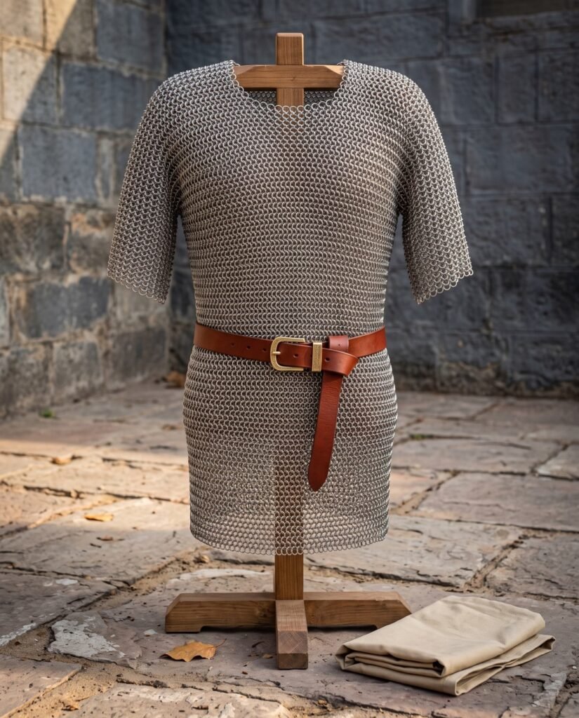 Butted mild steel chainmail hauberk with short sleeves and a thigh length skirt, hung on a wooden stand with a leather belt and a folded gambeson.