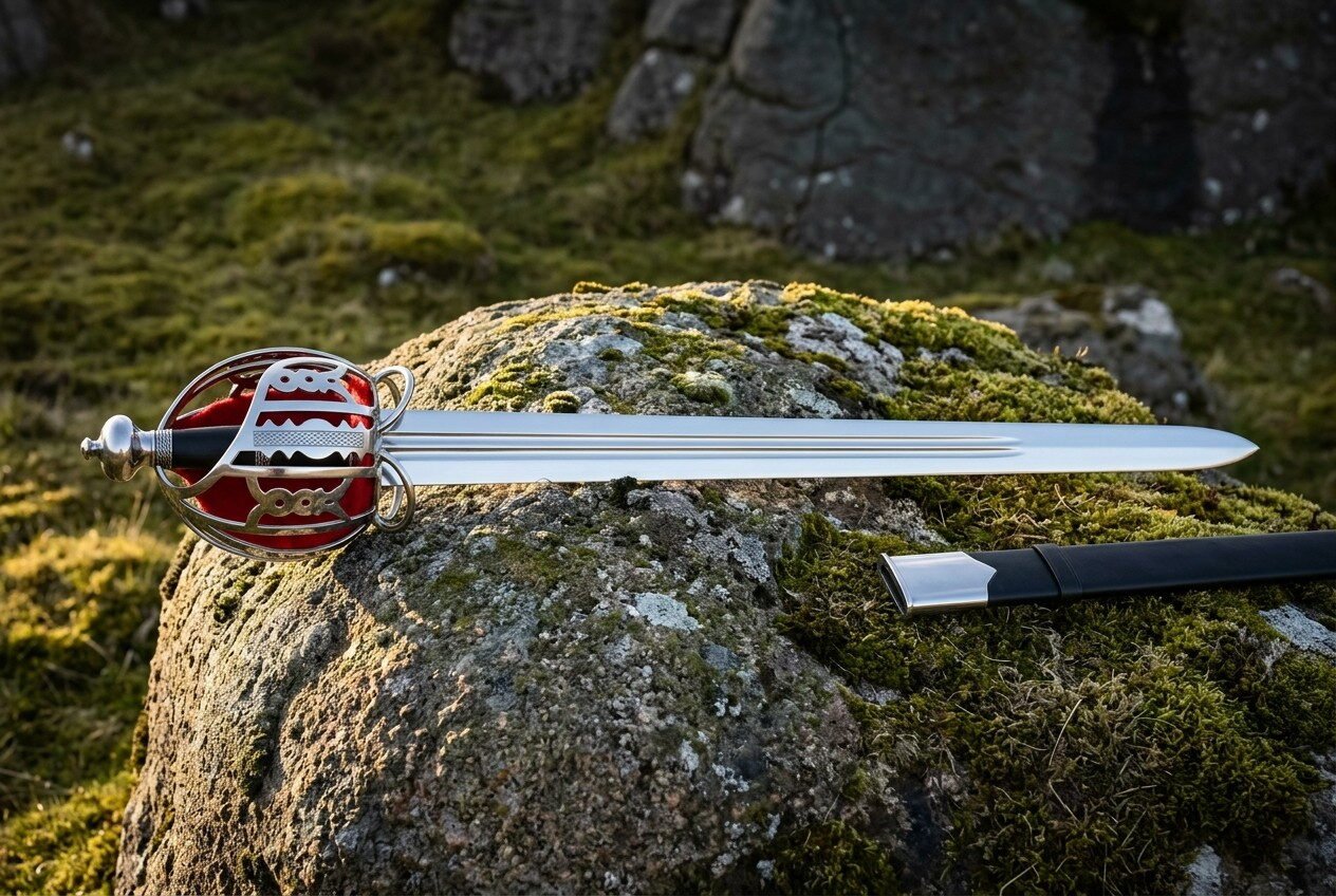 Gemini_Generated_Image_b0ge9bb0ge9bb0ge Hand forged basket hilt broadsword with a pierced steel guard and red liner resting on a mossy boulder beside its black scabbard with a steel throat
