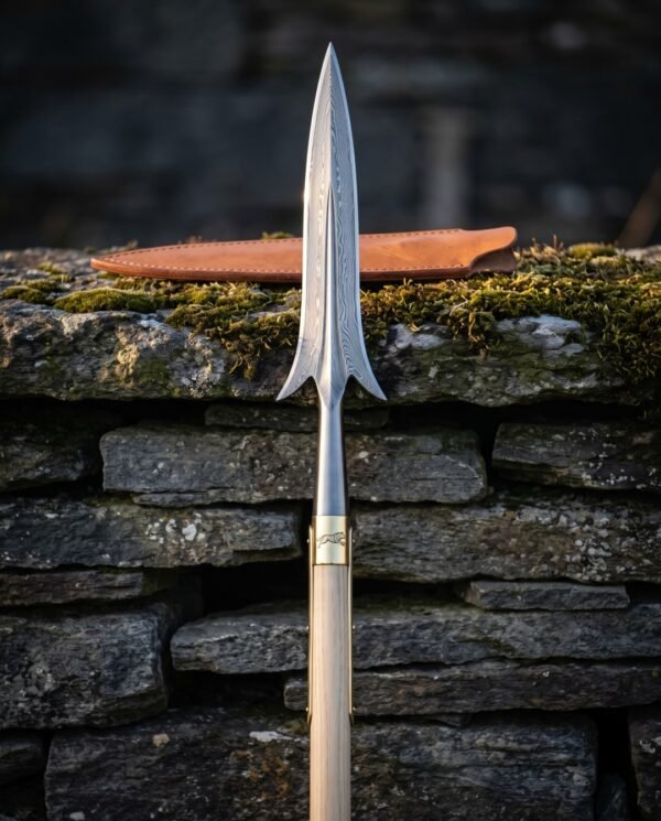Thornwake Hand Forged Damascus Winged Spear | 12 Inch Head on a 72 Inch Ash Haft | Brass Ferrule and Leather Head Sheath | Norse Reenactment Gift | RK-1591