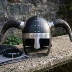 Hornreave Hand Forged Steel Horned Viking Helmet | 18 Gauge Blackened Bowl | Riveted Brow Band with Elder Futhark Runes | Norse Costume Gift | RK-1570