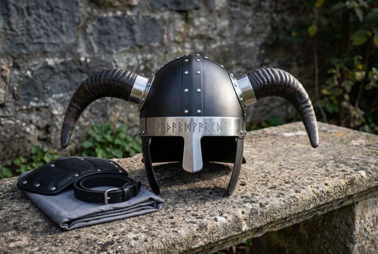 Gemini_Generated_Image_bje3qwbje3qwbje3 Blackened steel horned viking helmet with a bright runic brow band, riveted nasal bar and natural buffalo horns, resting on a weathered stone wall outdoors
