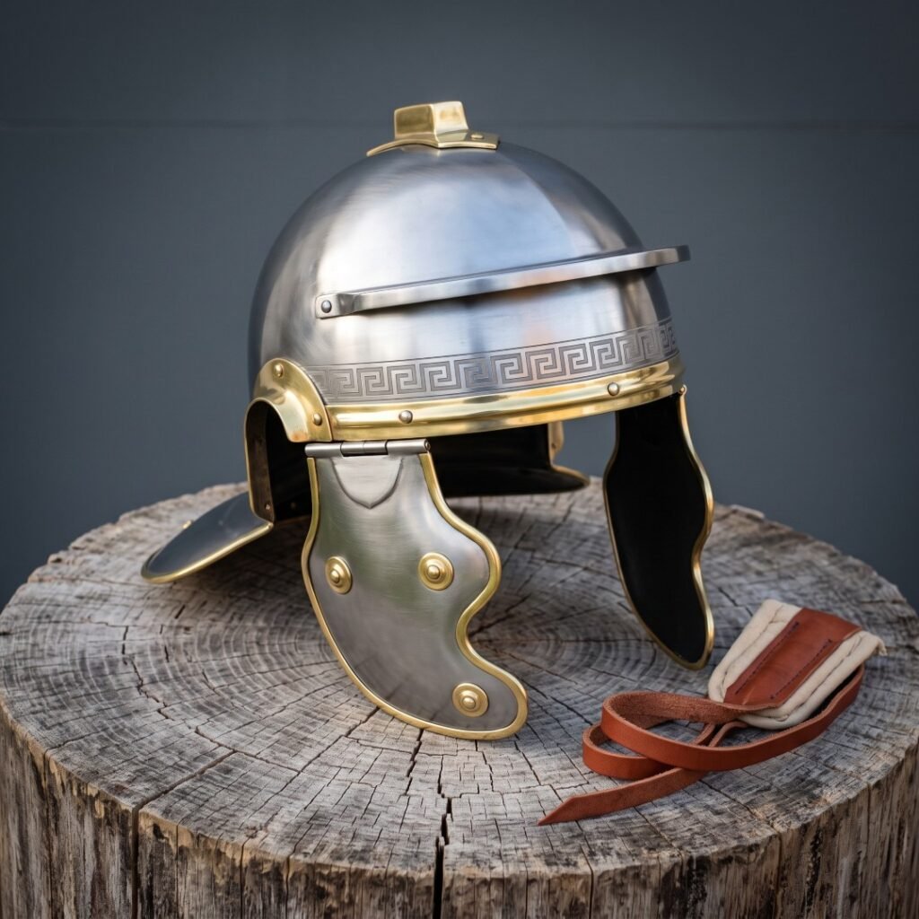Hand forged roman helmet of Imperial Gallic pattern in brushed steel with brass meander brow band, hinged cheek guards and crest holder, set on a wooden stump