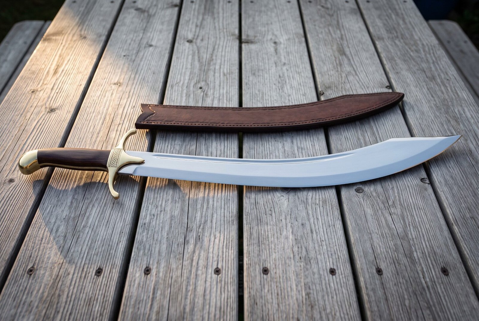 Gemini_Generated_Image_cbs0azcbs0azcbs0 Hand forged scimitar sword with a bright polished deep curved 1095 blade, brass cross guard and dark rosewood grip lying on weathered decking boards beside its brown leather scabbard