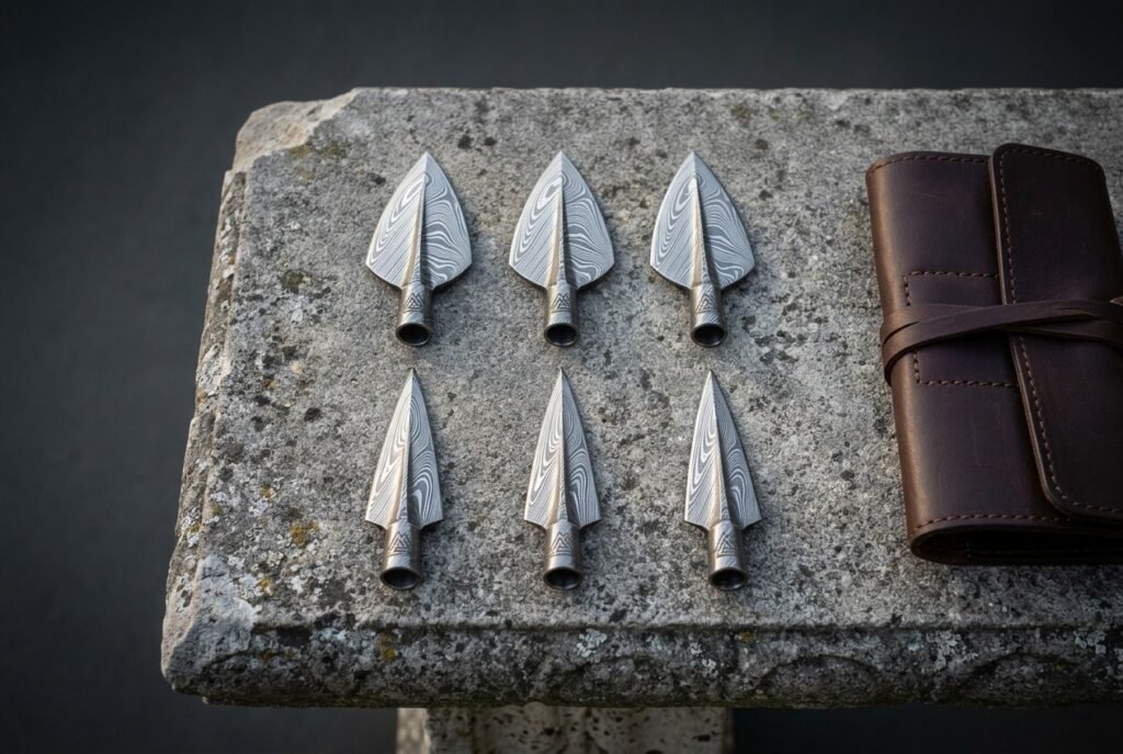 Set of six hand forged Damascus viking arrowheads with socketed bases and swept barbs laid on a weathered stone slab beside a rolled brown leather case