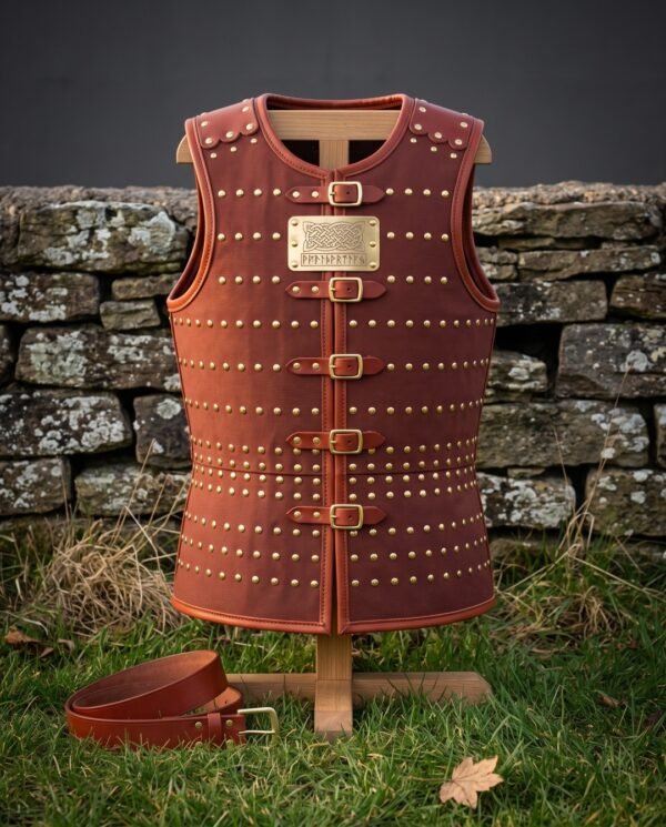 Hand made leather cuirass in russet cowhide with rows of brass domed rivets, five buckle straps and an engraved rune plaque, displayed on a wooden stand by a stone wall