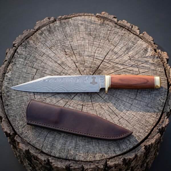 Emberfang Hand Forged Damascus Viking Seax | 13 Inch Overall with an 8 Inch Broken Back Blade | Rosewood Handle, Brass Bolsters and Leather Sheath | Norse Bushcraft Gift | RK-1739