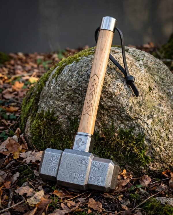 Hand forged damascus hammer with a pattern welded Mjolnir style head and carved ash handle with knotwork, leaning against a mossy boulder in autumn leaves