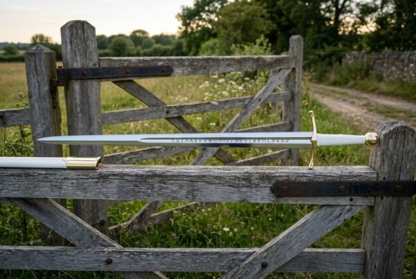 Hand forged norse sword with a bone white grip and brass disc pommel resting on a weathered farm gate with the full Elder Futhark cut along the blade