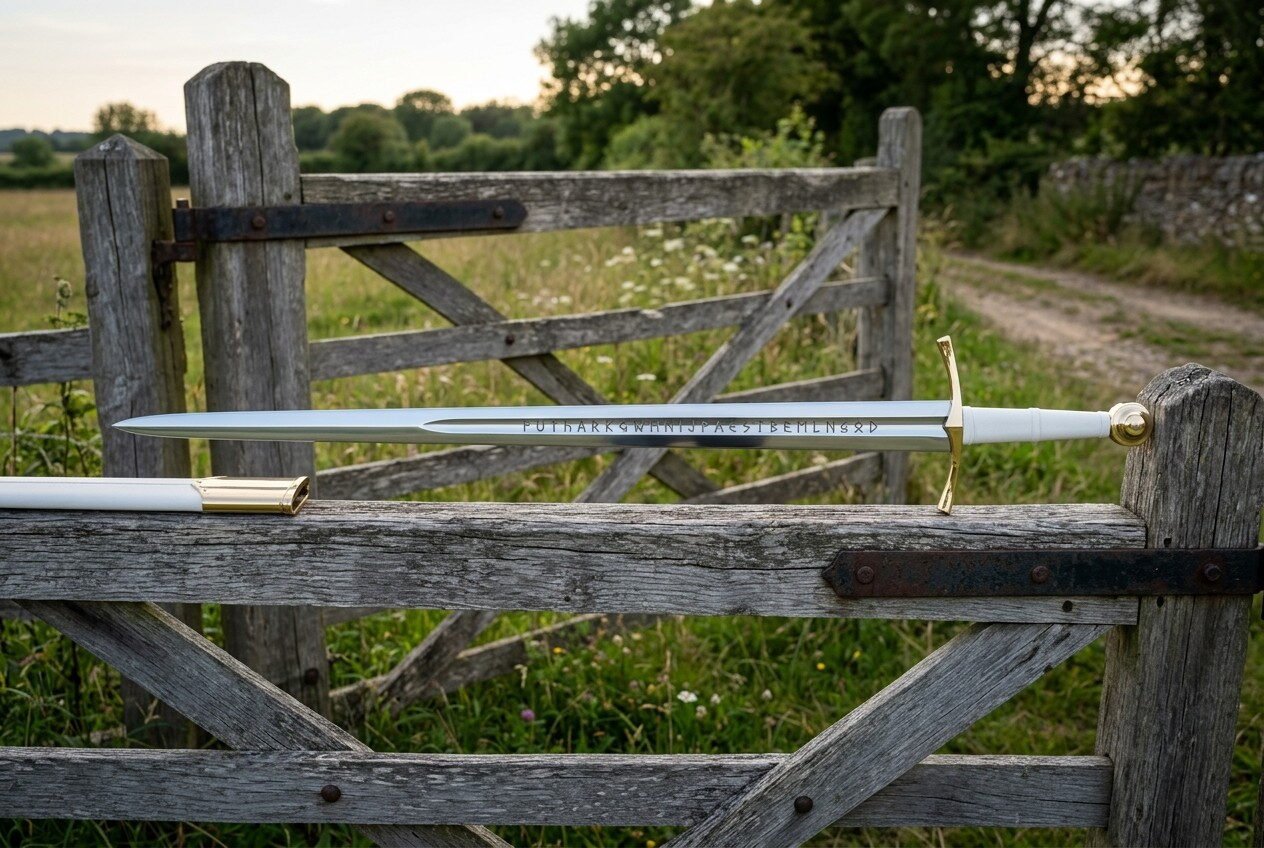 Gemini_Generated_Image_cusyypcusyypcusy Hand forged norse sword with a bone white grip and brass disc pommel resting on a weathered farm gate with the full Elder Futhark cut along the blade