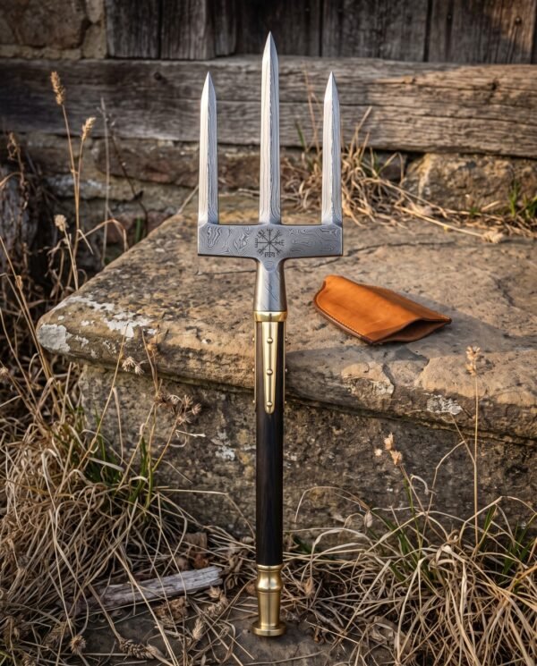 Hand forged Damascus war trident with three tapered prongs and a Vegvisir engraved head, ebony haft and brass collar, standing on a stone step in dry grass