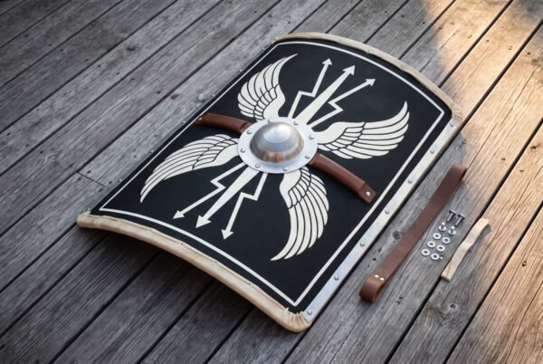 Curved roman shield painted with white wings and thunderbolts on black, domed steel boss and leather grip, laid on grey decking with its fitting kit