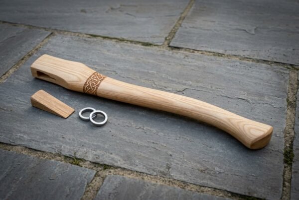Hickory axe haft with a cut Celtic knotwork band lying on slate paving beside its wooden wedge and two steel ring wedges ready for hanging an axe head