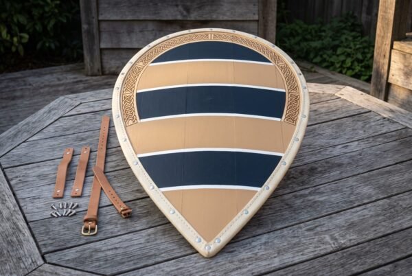 Wavewarden Hand Made Wooden Kite Shield | 34 Inch Teardrop Board | Painted Bands with Rawhide Edge and Leather Strap Set | Norman Reenactment Gift | RK-1573