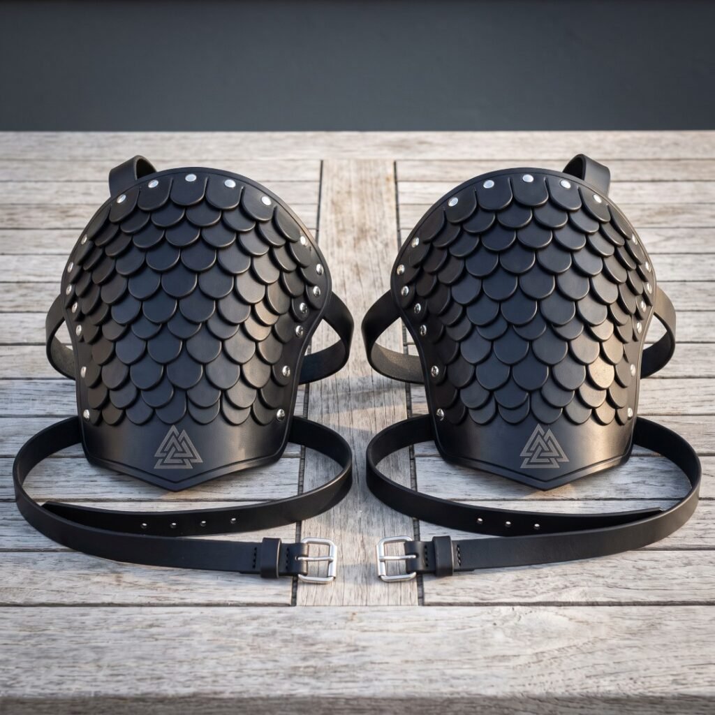 Pair of hand made black leather pauldrons with riveted overlapping scales, Valknut panels and buckled straps laid on weathered grey decking